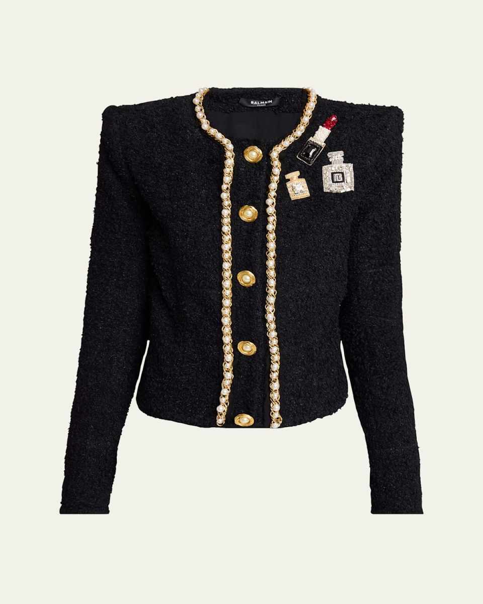 Patch-Embroidered Chain and Pearl Tweed Jacket